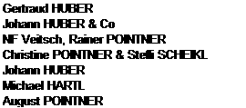Sz�vegdoboz: Gertraud HUBER
Johann HUBER & Co
NF Veitsch, Rainer POINTNER
Christine POINTNER & Steffi SCHEIKL
Johann HUBER
Michael HARTL
August POINTNER